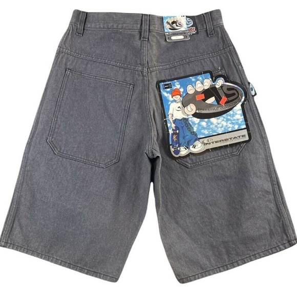 Interstate Skater Big Pocket Wide Leg Baggy Gray Denim Shorts 90'S w28-w32 - Picture 1 of 11